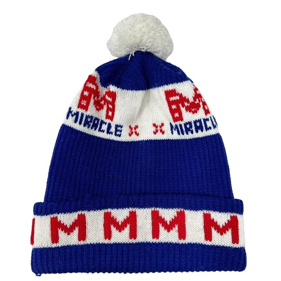 Vintage Knit Beanie Pom Pom Miracle Red White Blue Hat Letter M Winter - Picture 3 of 8